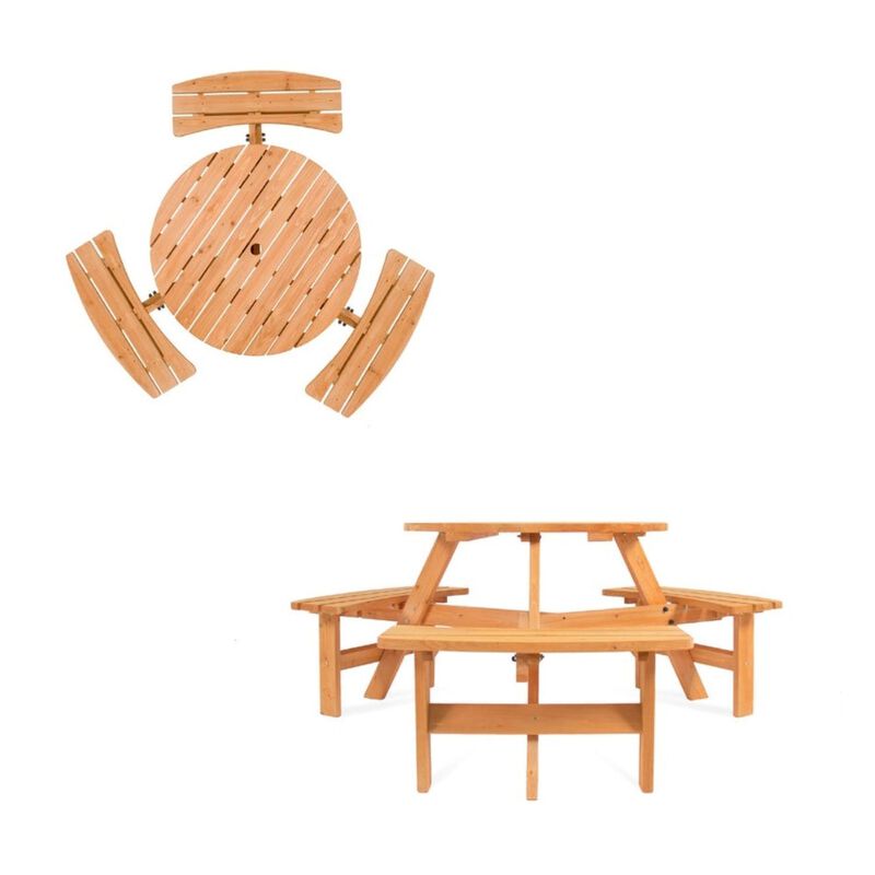 Hivvago Outdoor Round Wood Picnic Table Bench Set with Umbrella Hole - Seats 6