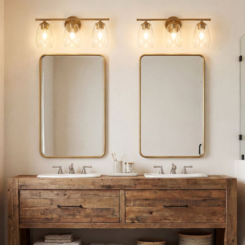 Gold Bathroom Vanity Light, Three-Light Bubble Glass Shades image number 4