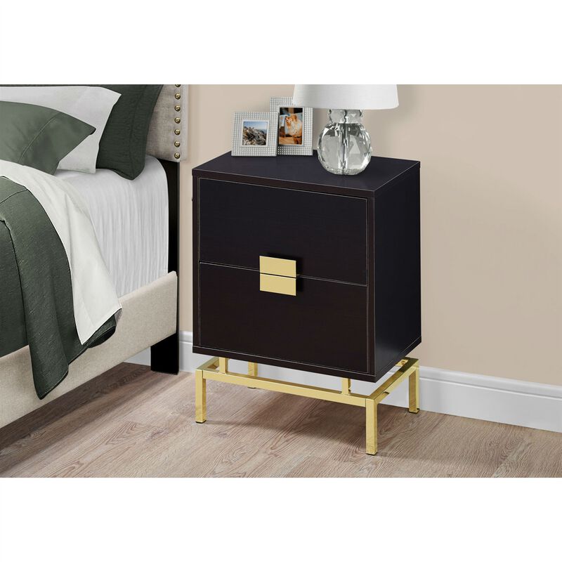 QuikFurn 24in Retro 2 Drawer NightStand End Table Cappuccino with Gold Metal Legs image number 3
