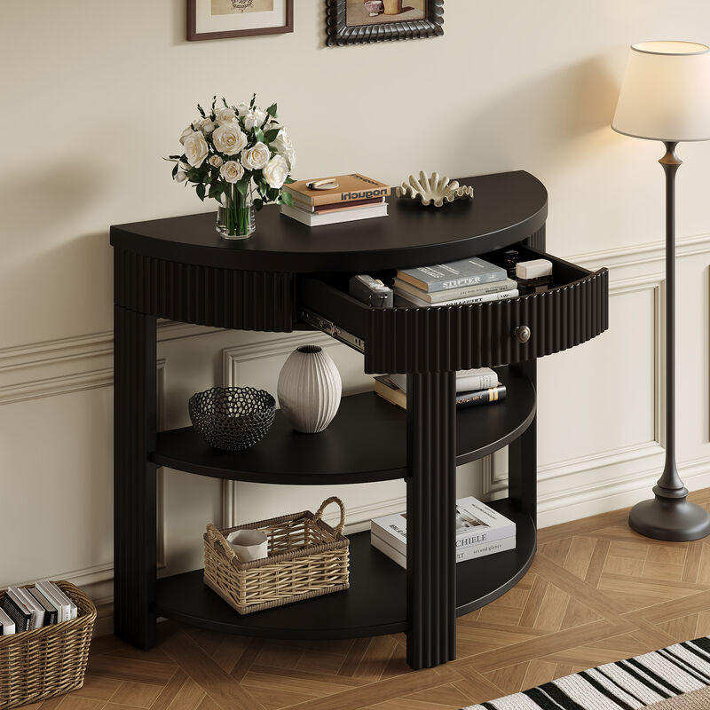 Whisen Half Moon Console Table, Fluted Wooden Entryway Table with Drawer & 2 Shelves, Solid Wood & MDF for Living Room Hallway image number 2