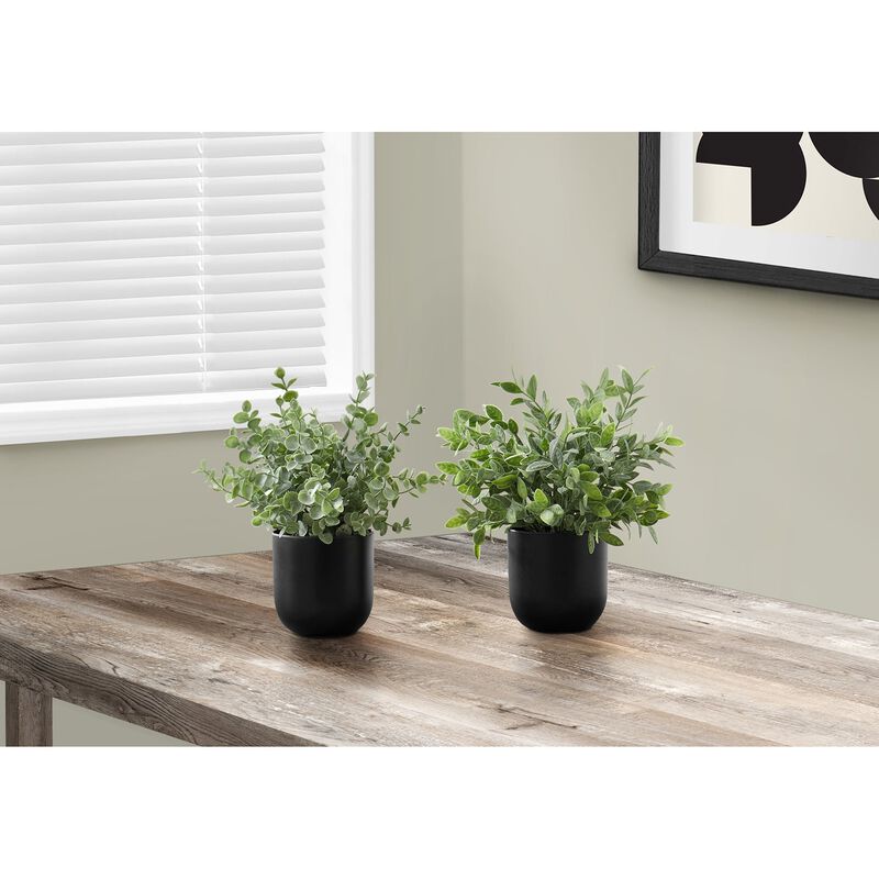 Monarch Specialties I 9580 - Artificial Plant, 11" Tall, Eucalyptus Grass, Indoor, Faux, Fake, Table, Greenery, Potted, Set Of 2, Decorative, Green Leaves, Black Pots image number 1