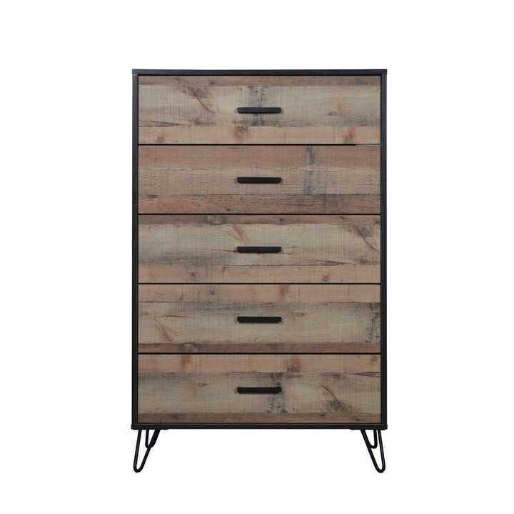 Lala 50 Inch Tall Dresser Chest, 5 Drawers, Black Handles, Rustic Brown - Benzara