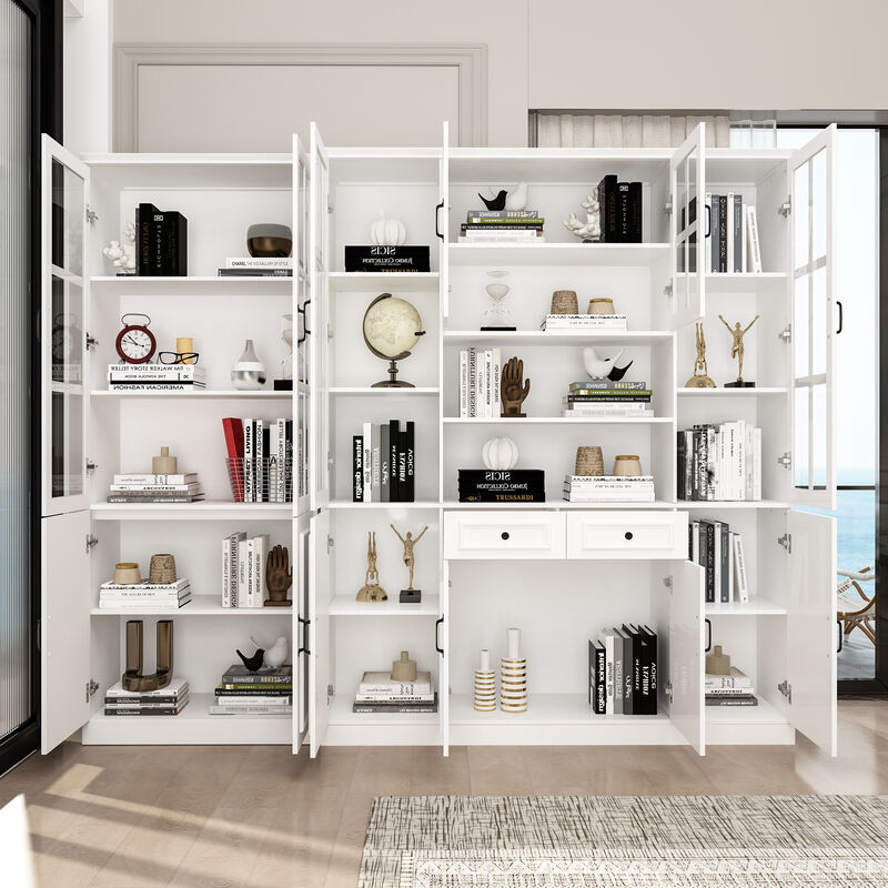 FUFU&GAGA White Bookcase Set –4-Door Bookcases + 8-Door Bookcase with Glass Doors and Black Handles – Modern Storage and Organizing Solution, (78.7 in. H x 94.5 in. W x 15.7 in. D),White