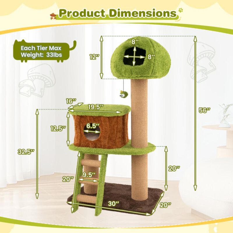 Hivvago Cute Cat Tree for Indoor Cats with Mushroom-shaped Nest Condo and Climbing Ladder