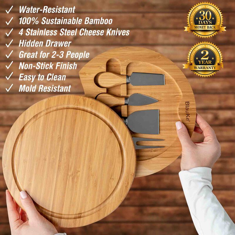 Bamboo Cheese Board and Knife Set - 10 Inch Swiveling Charcuterie Board with Slide-Out Drawer