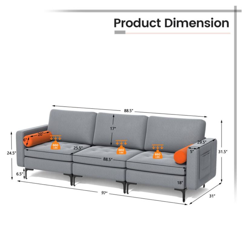 Hivvago Modular 3-Seat Sofa Couch with Socket USB Ports and Side Storage Pocket. image number 8