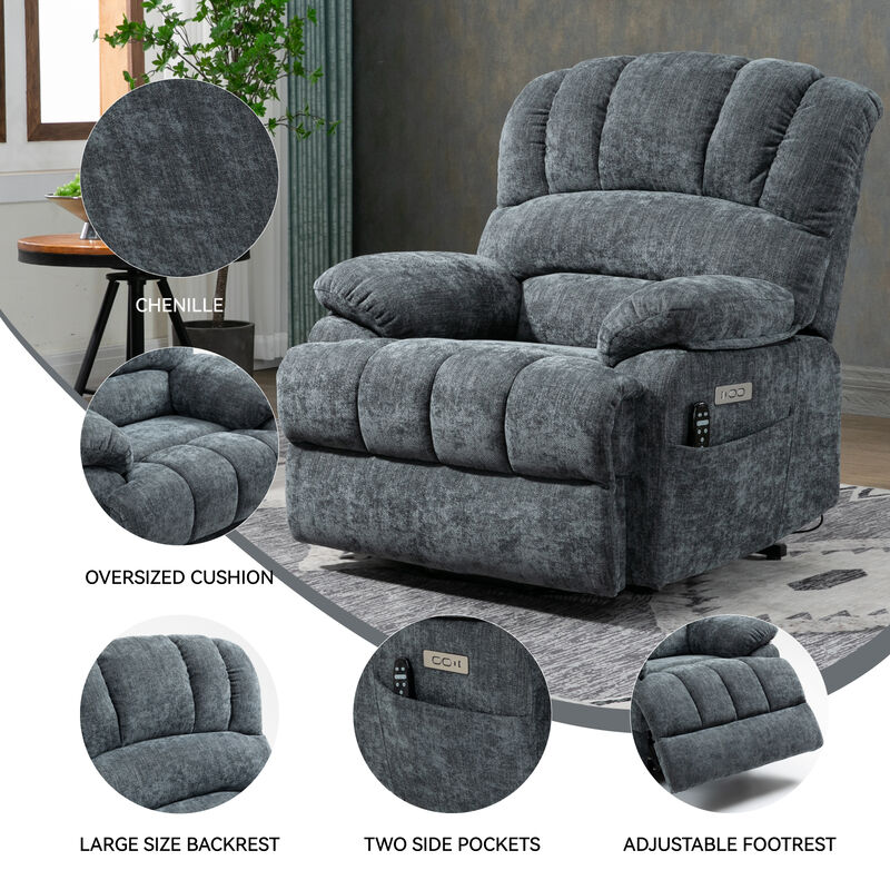 23" Seat Width and High Back Large Size Beige Chenille Power Lift Recliner Chair with 8-Point Vibration Massage and Lumbar Heating