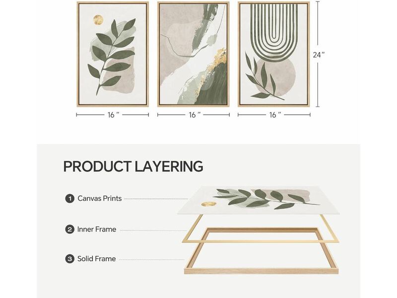 Large Framed Boho Sage Green Abstract Wall Art 3 Piece Leaf Canvas Decor 16x24 Inch image number 2