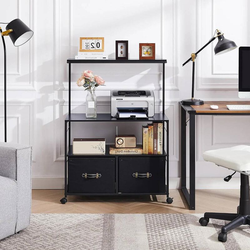 Modern Industrial Printer Stand File Cabinet – Metal Frame, Wood Top & Fabric Drawers