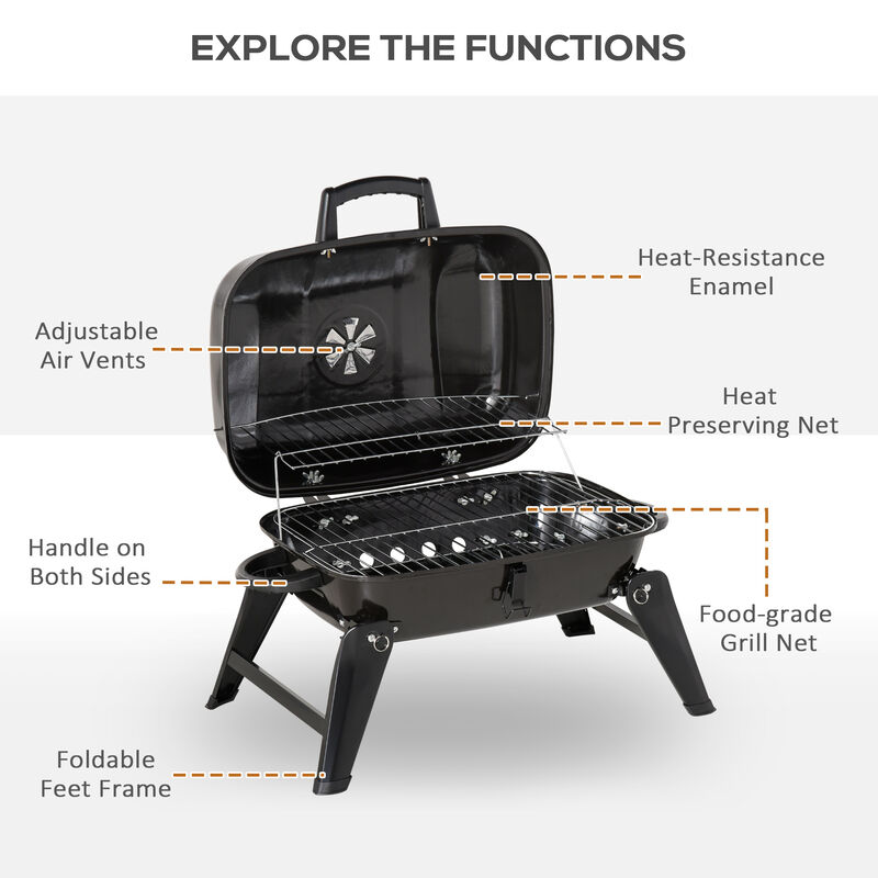 Outsunny 14" Portable Charcoal Grill, Tabletop Small BBQ Grill for Outdoor Cooking, Camping, Tailgating, Enamel Coated, Vent, Folding Legs, Black