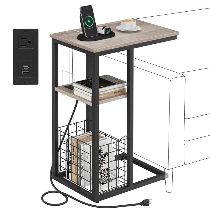 Vagusicc C Shaped End Table with Charging Station, Side Table for Couch, Small Side End Table for Small Spaces, 28"" High Slide