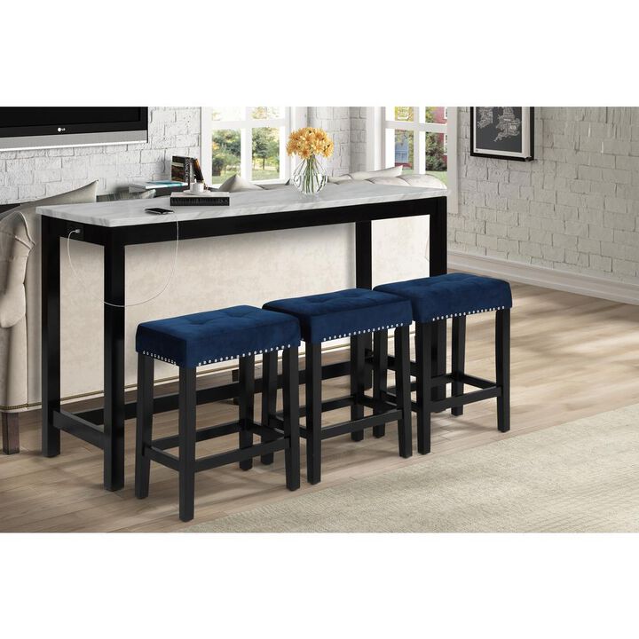 New Classic Furniture Furniture Celeste 4-Piece Faux Marble & Wood Bar Set in Blue