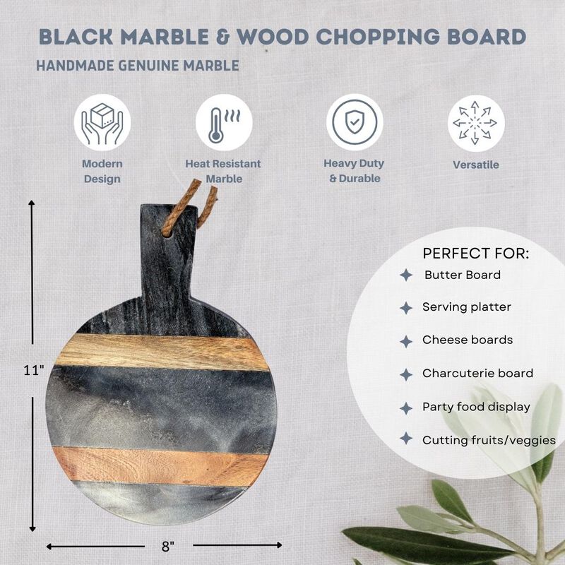 11 x 8 Black Marble and Wood Accent Charcuterie Board with Handle