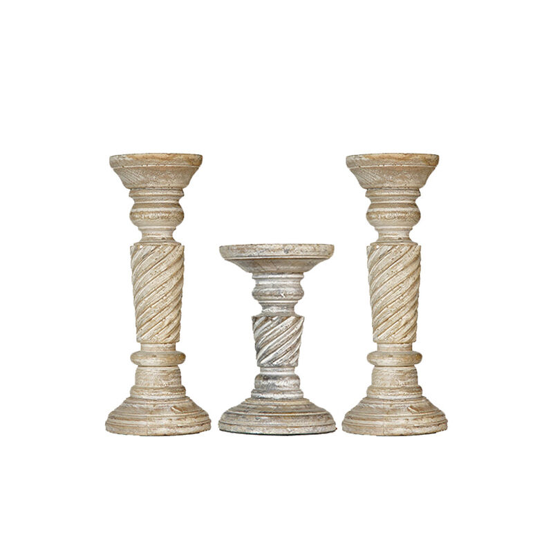 Traditional Antique White Eco-friendly Handmade Mango Wood Set Of Three 9",6" & 9" Pillar Candle Holder BBH Homes