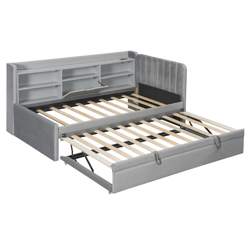 Merax Twin Size Upholstered Daybed with Pull-Up Trundle