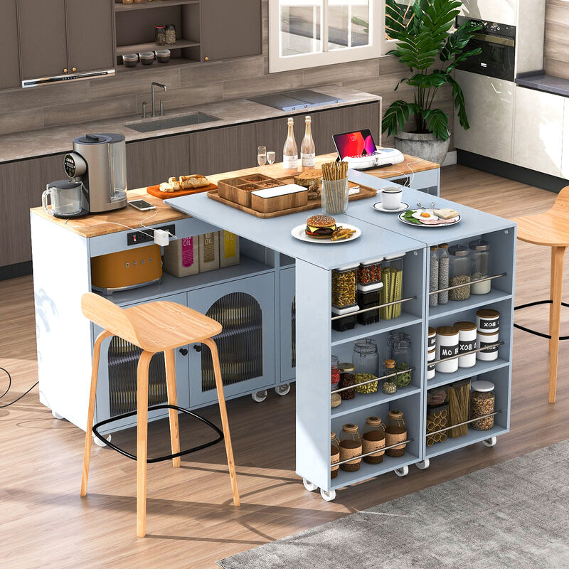 Rolling Kitchen Island With Extended Table, Kitchen island on Wheels with LED Lights,Power Outlets and 2 Fluted Glass Doors, Kitchen Island with a Storage Compartment and Side 3 Open Shelves