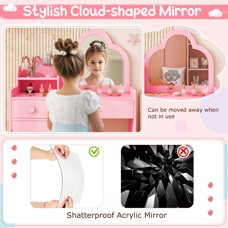 Adorable Kids Vanity Table Set with Cloud Mirror and Storage Compartment