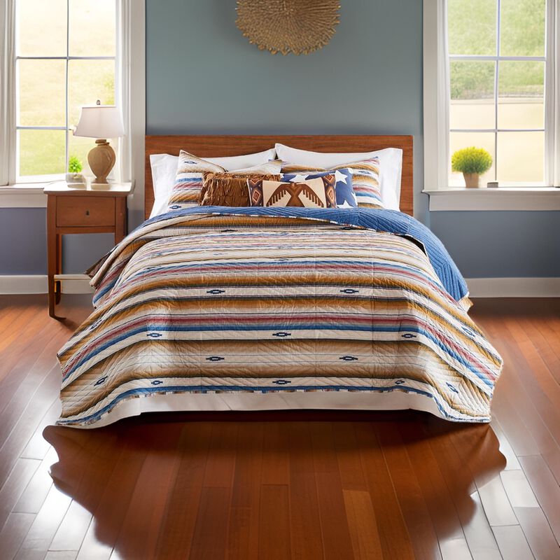 Rey 3pc Cal King Quilt and Pillow Sham Set, Ivory Multicolor Chevron Design - Benzara