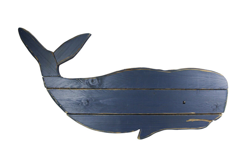 30 Inch Distressed Blue Carved Wood Whale Wall Hanging Decorative Display Art image number 0