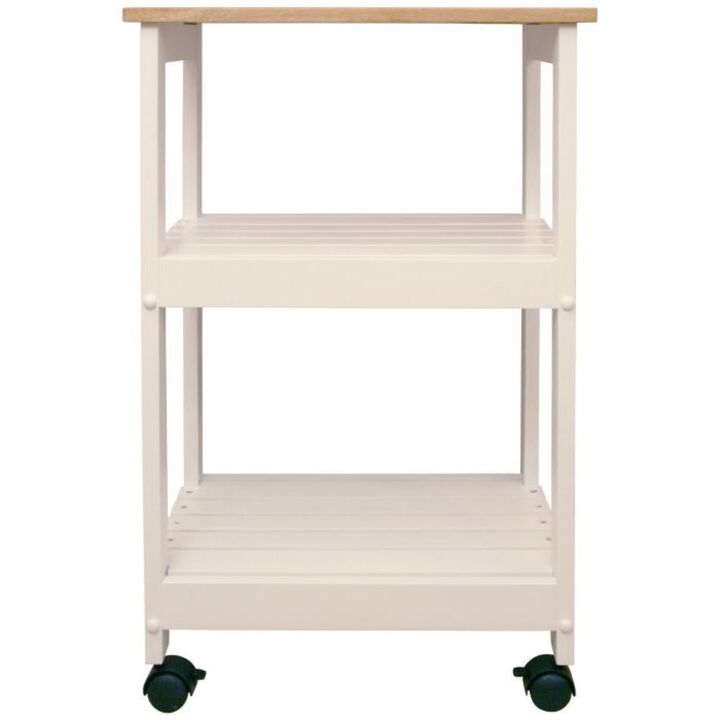 QuikFurn White Kitchen Microwave Cart with Butcher Block Top & Locking Casters
