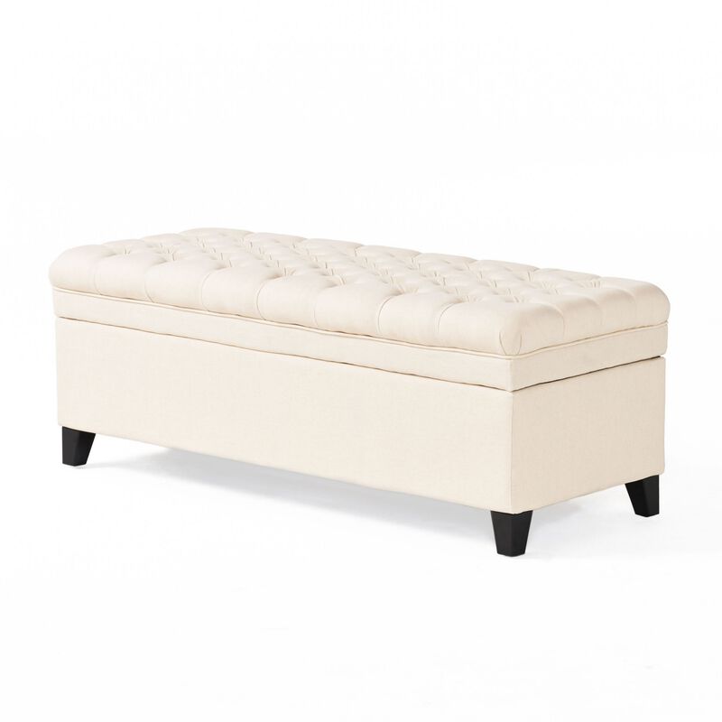 Rhya Storage Bench, 50 Inch Button Tufted Plush Seat, Soft Beige - Benzara