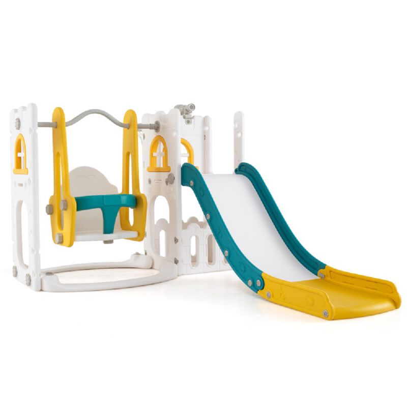 L Shaped 7 in 1 Toddler Swing Set with Slide, Ladder and Basketball Hoop image number 0