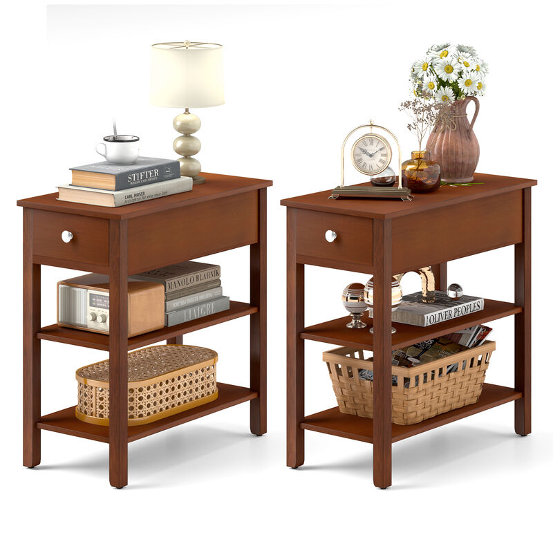 3-Tier Narrow End Table with Drawer and Storage Shelves, Set of 2 for Compact and Organized Living Spaces