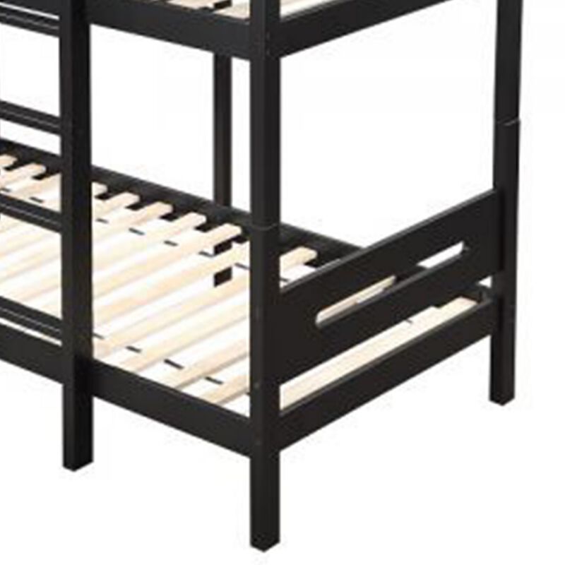 Asin Twin Bunk Bed with Front Facing Ladder, Solid Pine Wood, Black Finish - Benzara