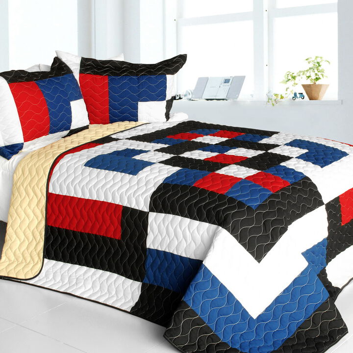 3-Piece Patchwork Quilt Set with Vermicelli Quilting for Full Bedroom Style