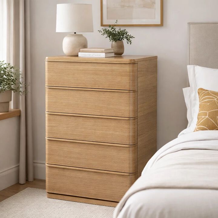 Sery Tall Dresser Chest, 5 Drawers, Minimalist Lip Handles, Oak Brown Wood