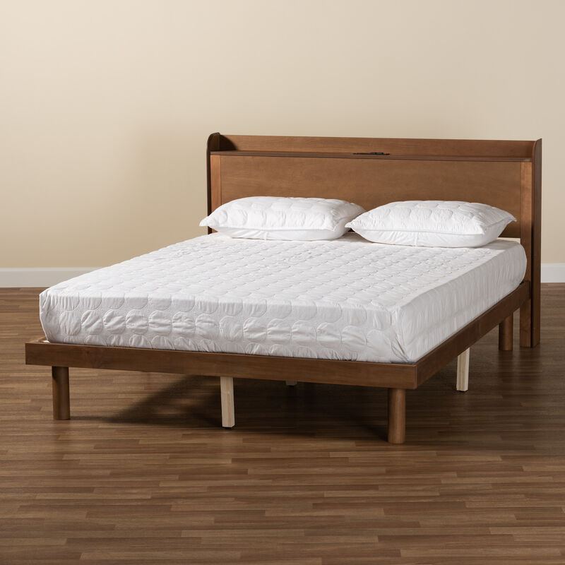 Baxton Studio Decker Walnut Brown Finished Wood Queen Size Platform Bed With Charging Station