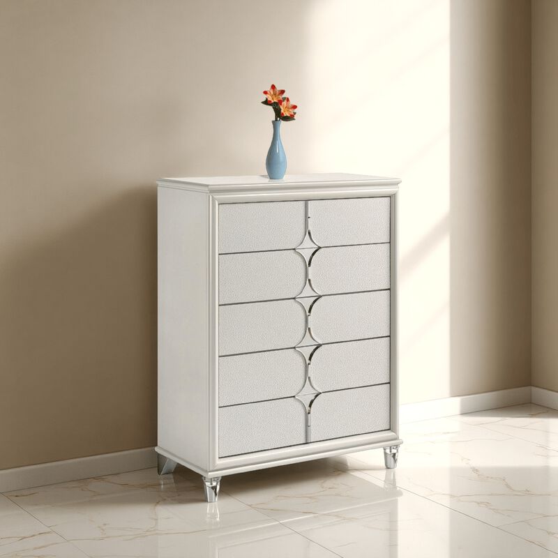 Ory Tall Dresser Chest w 5 Drawers, Chrome Star Handle, Pearl Ivory - Benzara