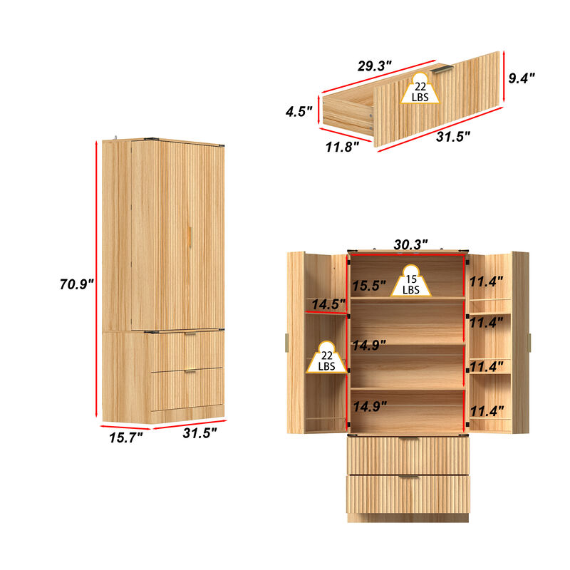 FUFU&GAGA Modern Sideboard Pantry Cabinet with 2 Doors & 2 Drawers, Vertical Line Design, Hidden Handles, (31.5 in. W x 15.7 in. D x 70.9 in. H), Brown
