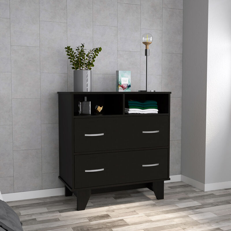 DEPOT E-SHOP Stamford Two Drawer Dresser, Four Legs, Two Open Shelves, Superior Top, Black