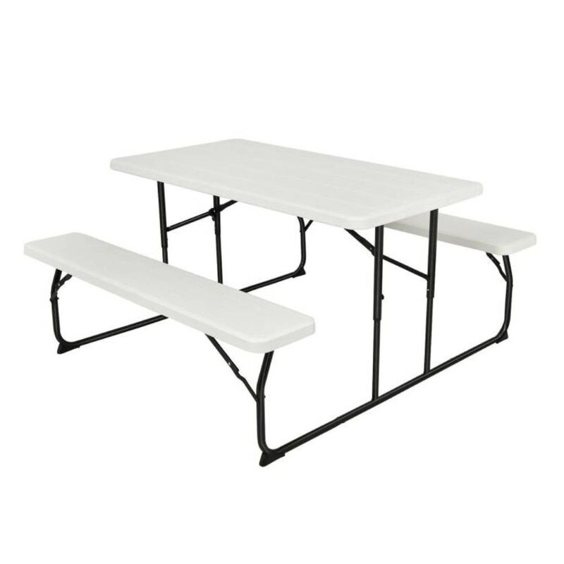 Hivvago Folding White HDPE Picnic Table with 2 Benches Outdoor Patio Furniture Set