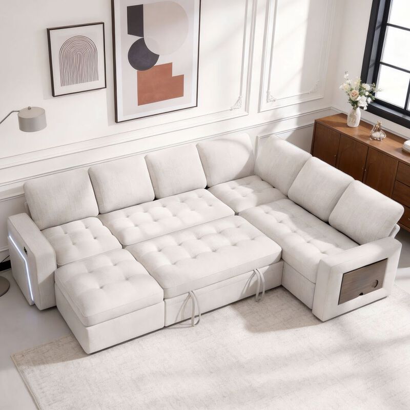 102" L-Shaped Chenille Modular Sectional Sleeper Sofa with Pullout Bed, Reclining Backrest, USB image number 8