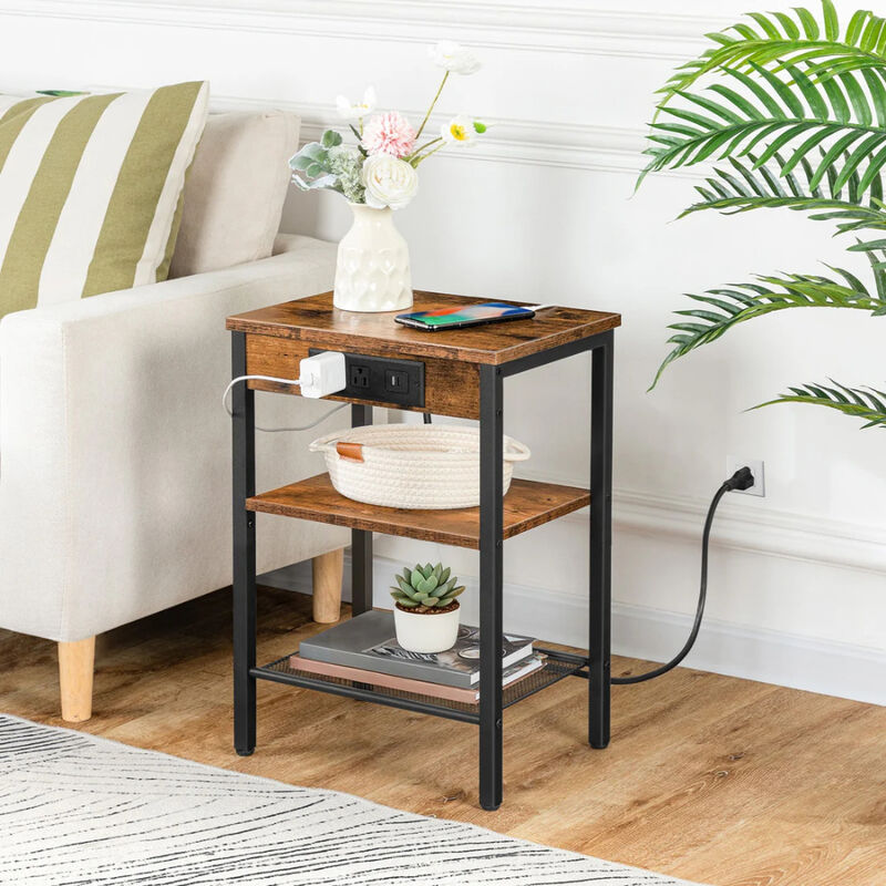 Modern 3 Tier Side Table with Charging Station, USB Port and Storage Shelves image number 4