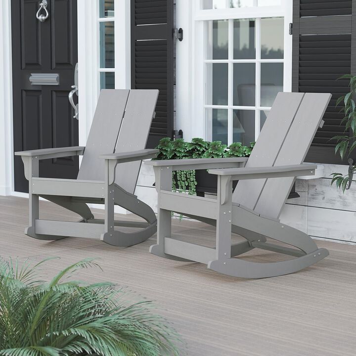 Flash Furniture Finn Modern Commercial Poly Resin Wood Adirondack Rocking Chair - All Weather Gray Polystyrene - Dual Slat Back - Stainless Steel Hardware - Set of 2