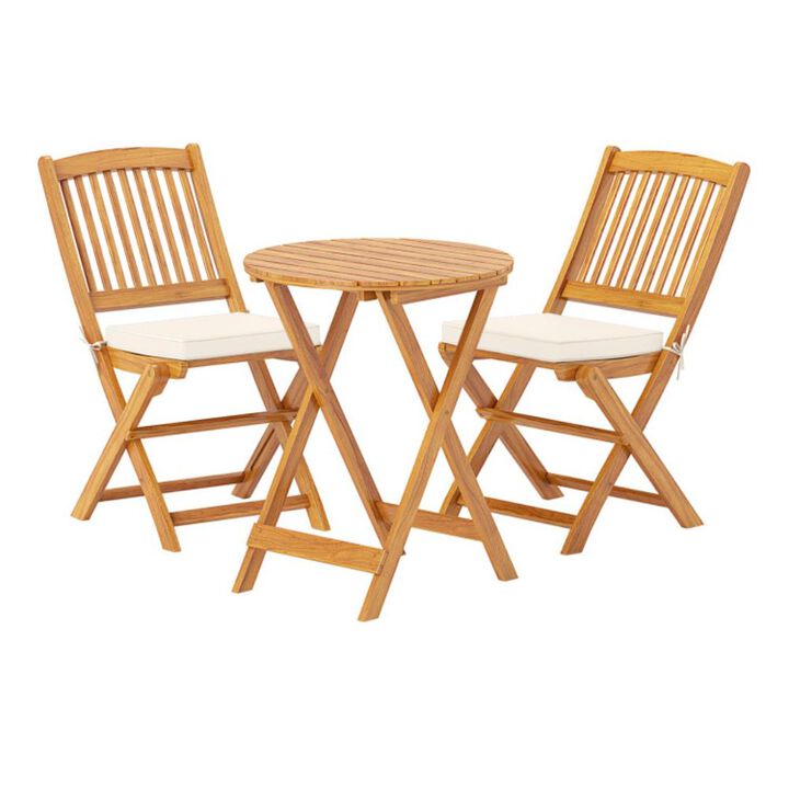 Hivvago 3 Pieces Acacia Wood Patio Folding Bistro Set with Soft Cushions