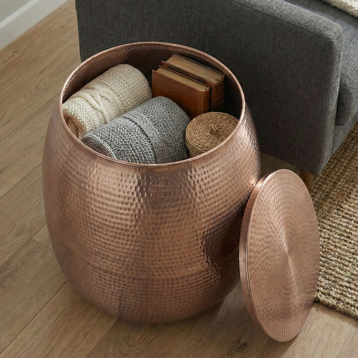 Griffen 19 inch Wide Solid Metal Drum Storage Accent Table, Burnished Copper