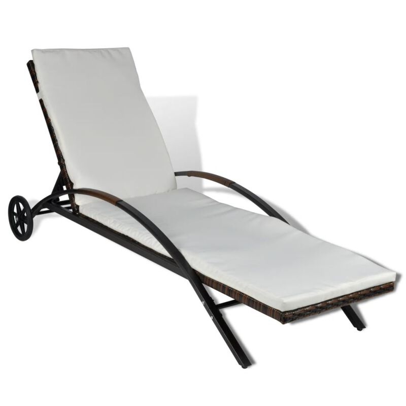 vidaXL Sun Lounger with Cushion & Wheels Poly Rattan Brown