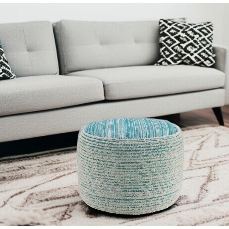 Hivvago 18 Inch Blue Fabric Cylinder Striped Pouf Ottoman