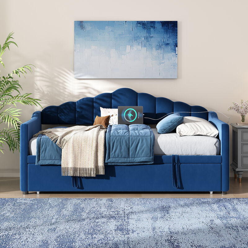 Merax Velvet Upholstered Twin Daybed with Height Adjustable Pop-Up Trundle image number 2