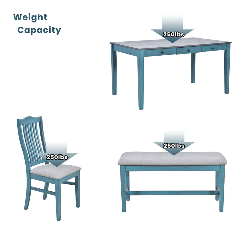 Mid-Century 6-Piece Wood Dining Table Set, Kitchen Table Set with Drawer, Upholstered Chairs and Bench, Antique Blue