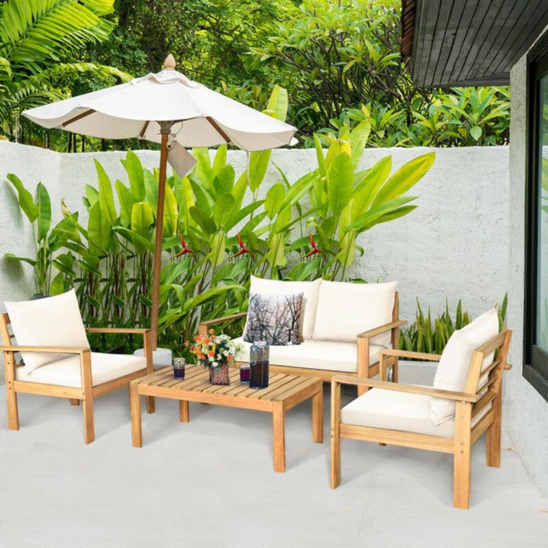 Hivvago Outdoor 4 Pieces Acacia Wood Chat Set with Water Resistant Cushions