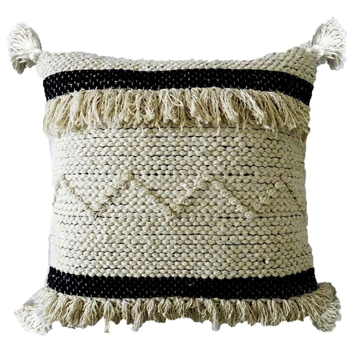 20" Beige and Black Handloomed Throw Pillow with Tassels