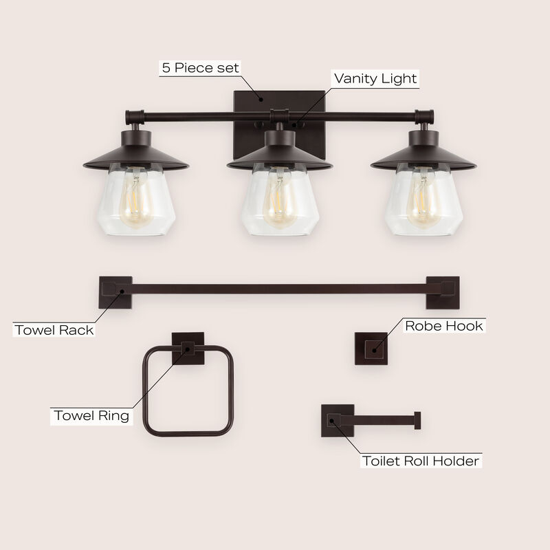 Avalon 26" 3-Light Farmhouse Cottage Vanity Light with Bathroom Hardware Accessory 5-Piece Set
