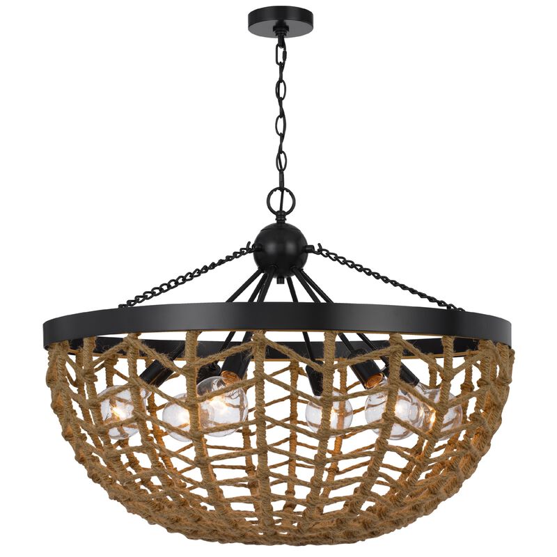 6 Light Pendant Chandelier, Caged Bowl Braided Rope, Black Metal 32 Inch image number 2