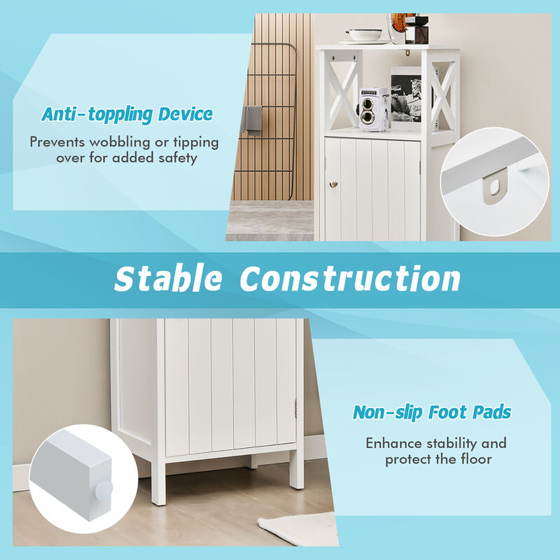 Costway Bathroom Floor Cabinet Side Storage Organizer with Open Shelf & Adjustable Shelf