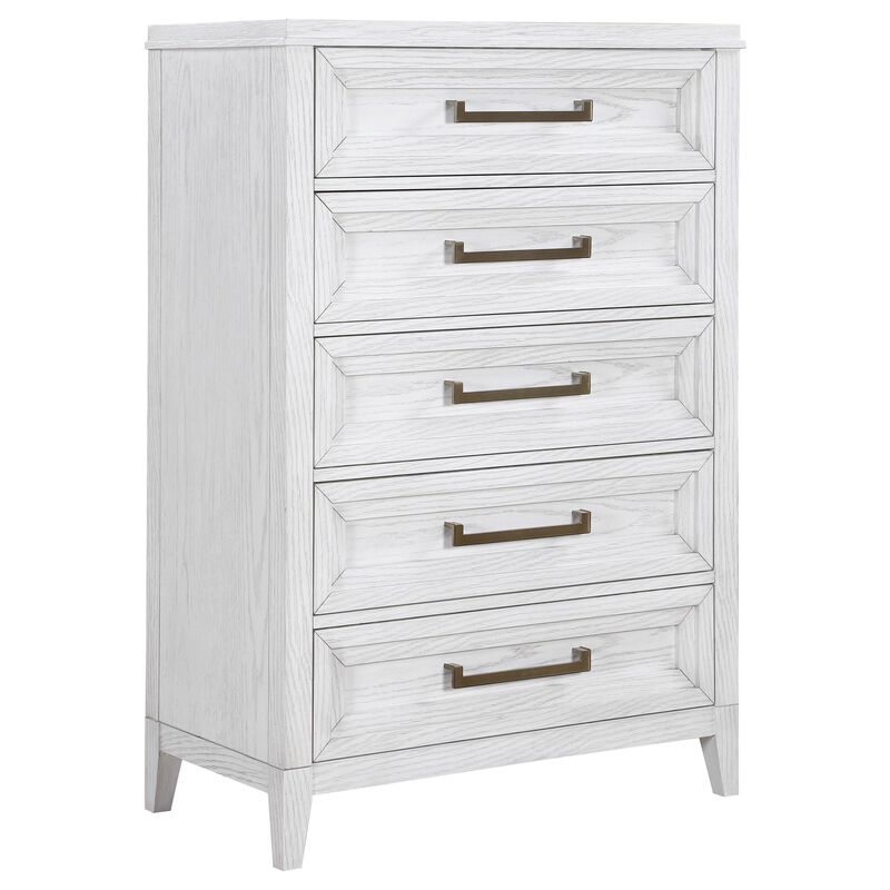 Leva Tall Dresser Chest, Distressed White Acacia Wood, 5 Drawers - Benzara